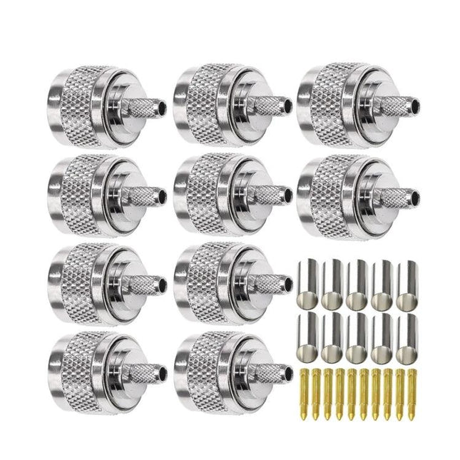N Type Low Loss RF Coaxial Connectors for Various Cables - 10-piece nickel-plated N-type 50Ω connectors with pins and ferrules up to 6GHz