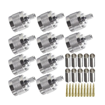 N Type Low Loss RF Coaxial Connectors for Various Cables - pack of silver 50-ohm connectors with pins and ferrules for antenna and RF signal use
