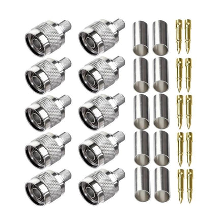 N Type Low Loss RF Coaxial Connectors for Various Cables - kit of 10 silver 50Ω N-type connectors with crimp sleeves and gold center pins for up to 6GHz
