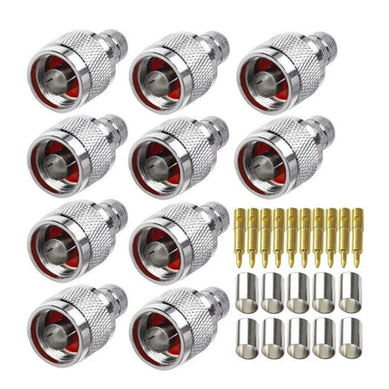 N Type Low Loss RF Coaxial Connectors for Various Cables - 10 silver N-type plugs with gold pins and ferrules, 50-ohm up to 6GHz