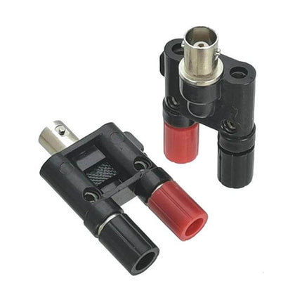 BNC to Dual Banana Female Adapter for RF Cable Connections, black plastic housing with red and black banana sockets for RF test setups