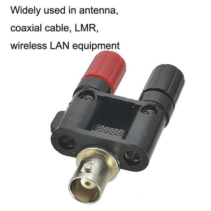 BNC to Dual Banana Female Adapter for RF Cable Connections shown with red and black banana sockets and BNC male connector for antenna and RF testing
