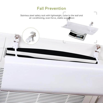 Central Air Conditioning Wind Deflector Shield Gentle Breeze installed on wall-mounted unit showing adjustable deflector and stainless steel safety rack
