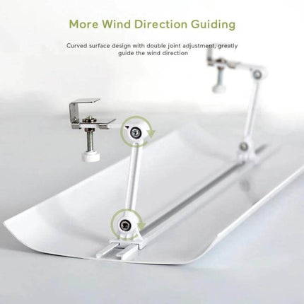 Central Air Conditioning Wind Deflector Shield Gentle Breeze white adjustable deflector showing curved shield and double-joint mount guiding airflow