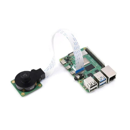 Waveshare High-Resolution 16MP Lens for Raspberry Pi Imaging Projects connected to Raspberry Pi board via M12 camera ribbon cable
