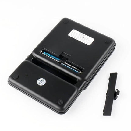 Hand Punch Coffee Scales With Timer For Precise Kitchen Weighing - black compact ABS scale bottom view with battery compartment and removable cover
