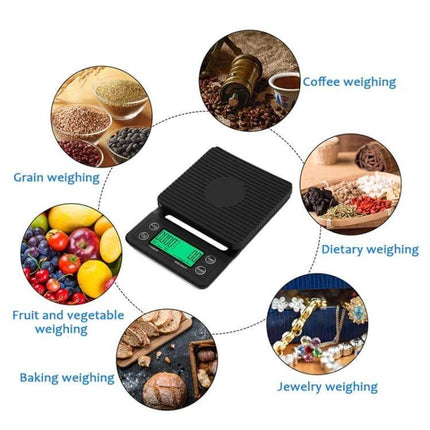 Hand Punch Coffee Scales With Timer For Precise Kitchen Weighing compact black kitchen scale showing timer and multiple weighing uses