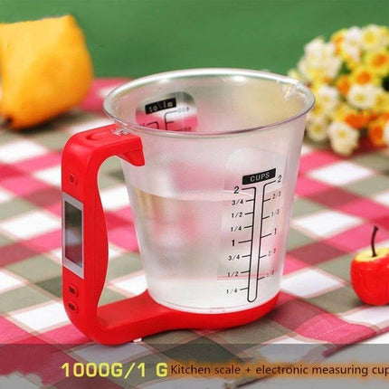 Digital Kitchen Scale With Measuring Cup, 1000g to 1g Precision - red-handled measuring cup on scale for precise g/ml/cup measurements