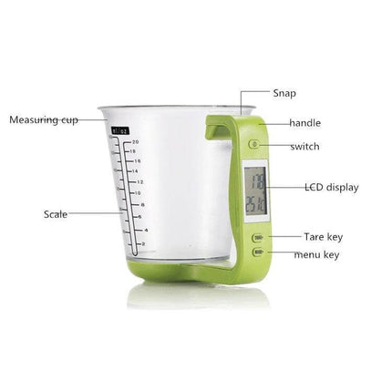 Digital Kitchen Scale With Measuring Cup, 1000g to 1g Precision - clear measuring cup with green handle, LCD display, tare/menu keys and 1g accuracy