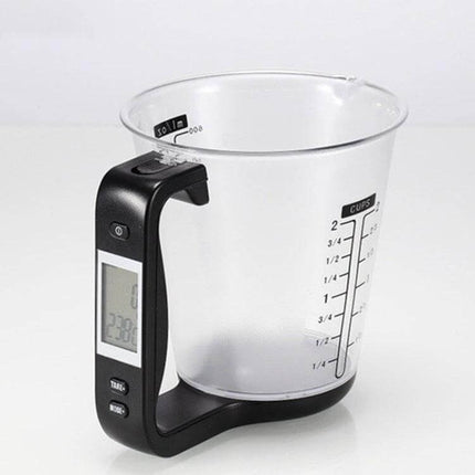 Digital Kitchen Scale With Measuring Cup, 1000g to 1g Precision - clear measuring cup with digital handle display showing grams and ml