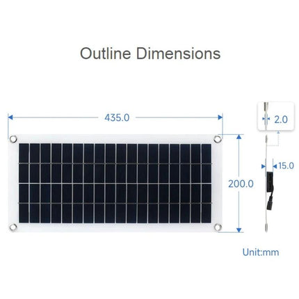 Waveshare 10W Semi-Flexible Solar Panel for Outdoor Charging showing outline dimensions 435 x 200 mm with 2 mm thickness and 15 mm connector