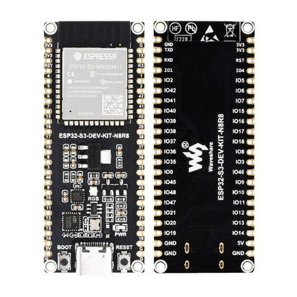 Waveshare ESP32-S3 Development Board for IoT Projects compact ESP32-S3 dev board front and back view with USB-C, headers and ESP32-S3-WROOM module