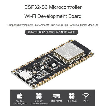 Waveshare ESP32-S3 Development Board for IoT Projects showing compact microcontroller board with USB-C, headers, and onboard ESP32-S3 module