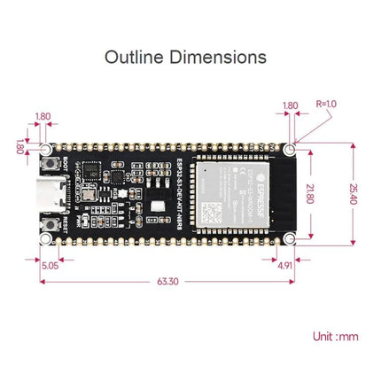 Waveshare ESP32-S3 Development Board for IoT Projects top view with outline dimensions and mounting hole measurements