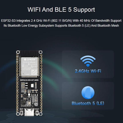 Waveshare ESP32-S3 Development Board for IoT Projects showing 2.4GHz Wi‑Fi and Bluetooth 5 (LE) connectivity