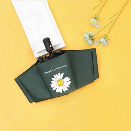 GD Daisy Folding Umbrella for Sun and Rain Protection - dark green compact daisy print umbrella folded with iron frame