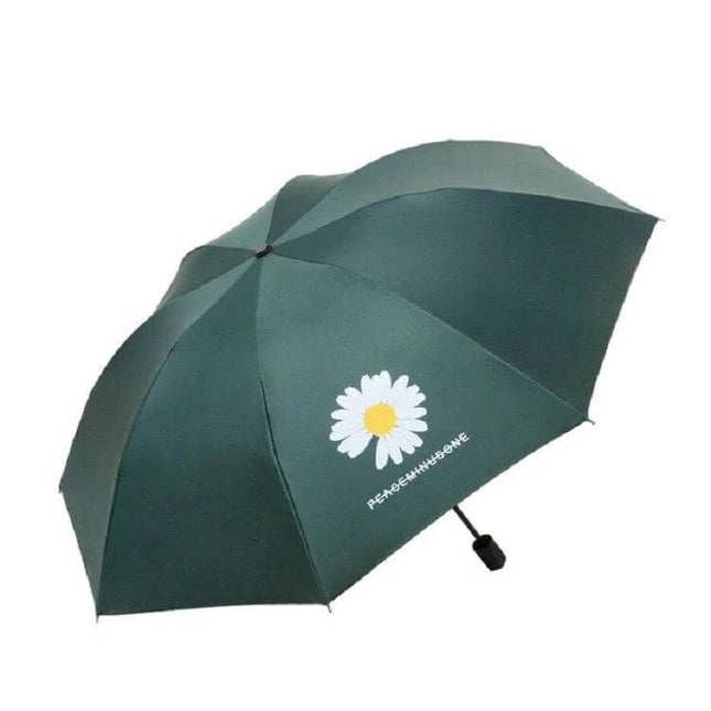 GD Daisy Folding Umbrella for Sun and Rain Protection - dark green compact umbrella with daisy print, iron frame and impact cloth fabric