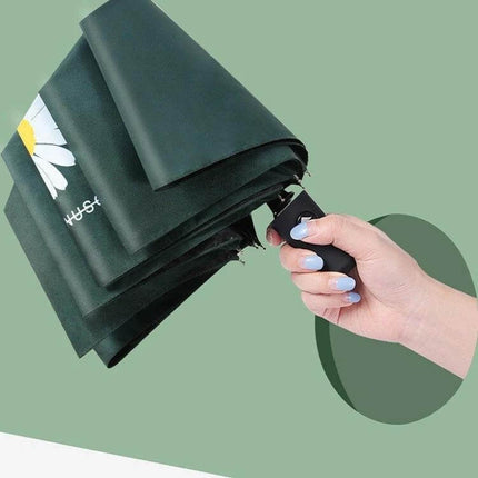 GD Daisy Folding Umbrella for Sun and Rain Protection - compact dark green folding umbrella with daisy print, iron frame, impact cloth, handheld for commuters