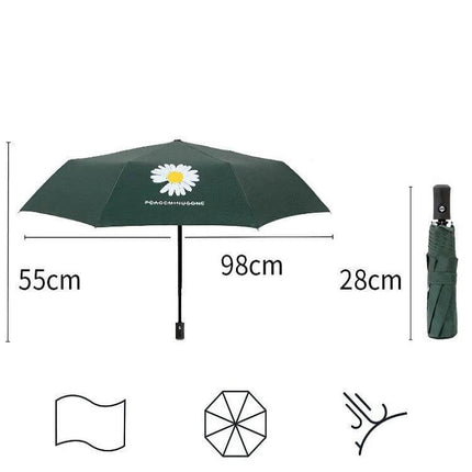 GD Daisy Folding Umbrella for Sun and Rain Protection - compact dark green daisy print umbrella, 98cm canopy, 28cm folded, iron frame