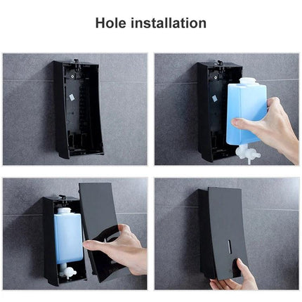 Wall-Mounted Dispenser for Everyday Bathroom Essentials showing step-by-step hole installation and refill of internal soap reservoir