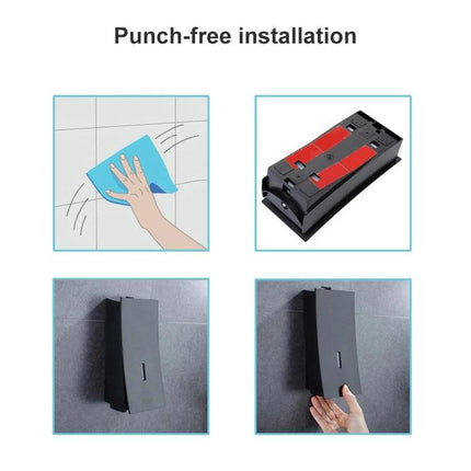 Wall-Mounted Dispenser for Everyday Bathroom Essentials showing punch-free installation steps and mounted black soap dispenser