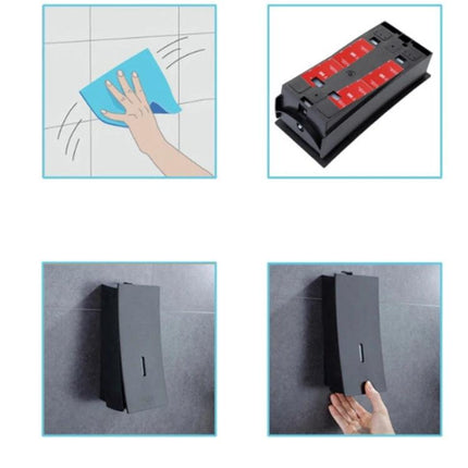 Wall-Mounted Dispenser for Everyday Bathroom Essentials mounted on tile wall with refill cartridge and hand pressing dispenser