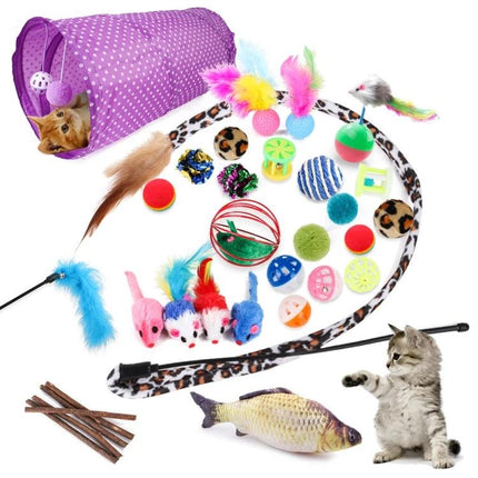 Interactive cat toys for daily home play and entertainment - assorted tunnel, bell balls, feather teasers, mice and fish for indoor cat activity