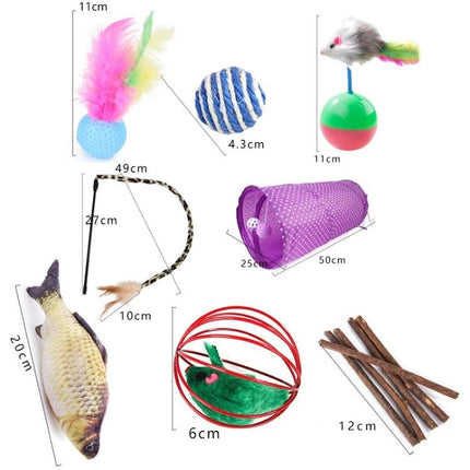 Interactive cat toys for daily home play and entertainment - assorted feather balls, tunnel, wand, fish and chew sticks set