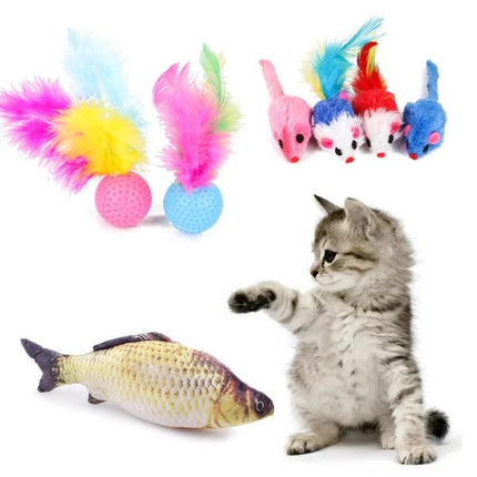 Interactive cat toys for daily home play and entertainment — colorful feather balls, plush mice, and fish toy with playful kitten