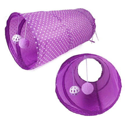 Interactive cat toys for daily home play and entertainment - purple polka dot play tunnel with dangling bell ball and pom toy