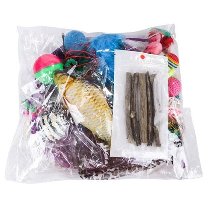 Interactive cat toys for daily home play and entertainment - assorted bell balls, plush fish, pom-poms and natural sticks in clear packaging