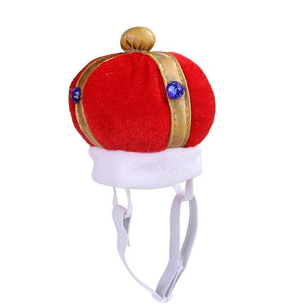 Fun Crown Hat for Cats and Dogs During Playtime Events - red velvet pet crown with gold trim and chin strap for playful photos and comfortable wear