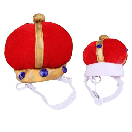 Fun Crown Hat for Cats and Dogs During Playtime Events - red velvet pet crown with gold trim and gems, soft cotton interior and adjustable chin strap