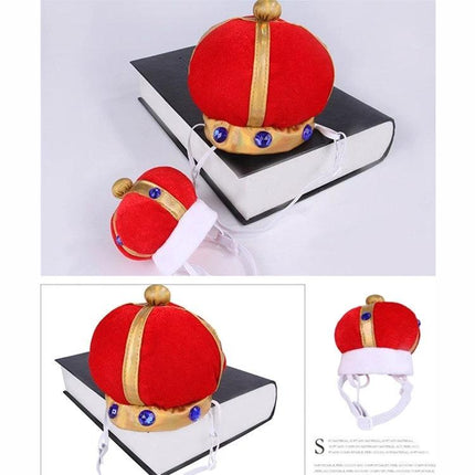 Fun Crown Hat for Cats and Dogs During Playtime Events - red velvet gold-trim pet crown with jewels and chin strap for playful photos and comfortable wear