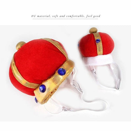 Fun Crown Hat for Cats and Dogs During Playtime Events - red velvet pet crown with gold trim and blue gems, soft elastic straps