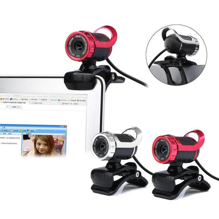HXSJ USB Webcam with Built-in Microphone for Online Calls compact HD webcam on monitor clip showing red and silver models with built-in microphone