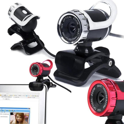 HXSJ USB Webcam with Built-in Microphone for Online Calls showing black and red clip-on HD webcam with 10x optical zoom and built-in microphone