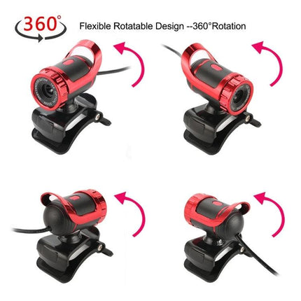 HXSJ USB Webcam with Built-in Microphone for Online Calls showing 360° flexible rotatable design and clip mount