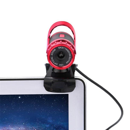 HXSJ USB Webcam with Built-in Microphone for Online Calls mounted on laptop showing red camera and USB cable