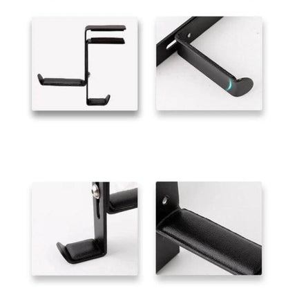 Under Desk Metal Headphone Hook For Desk Organization And Storage showing black metal clamp hook with padded curved cradle