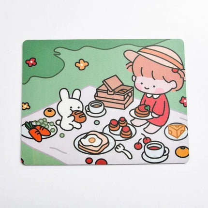 Creative Cute Cartoon Rabbit Mouse Pad Set for Students - picnic scene with rabbit and kid on green background, PVC rubber compact mouse pad