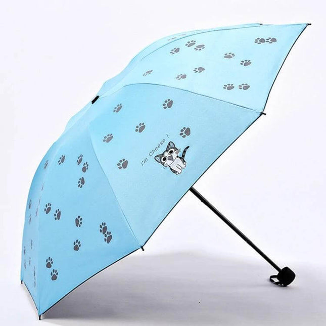 Children's Folding Umbrella with Cartoon Design and Sun Protection - blue kids umbrella with paw prints and kitten print, UV sun protection for school and park