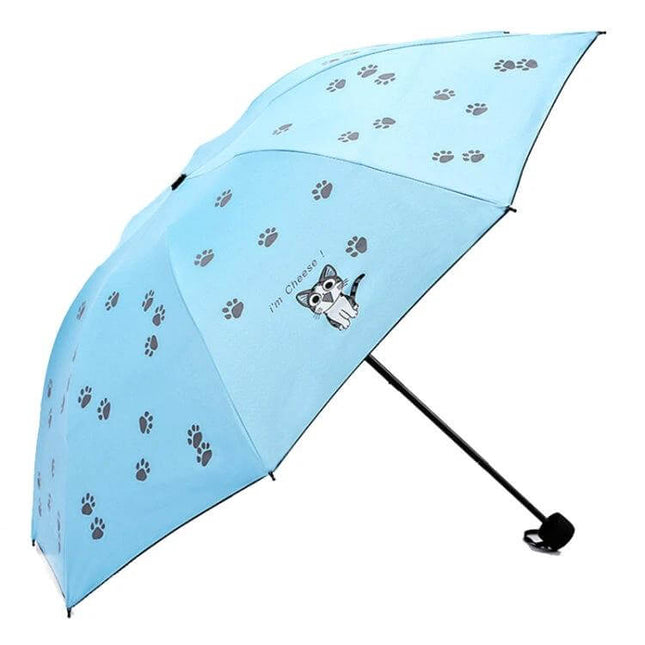 Children's Folding Umbrella with Cartoon Design and Sun Protection - blue kids umbrella with paw prints and cat cartoon for rain and UV protection