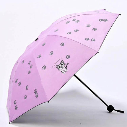 Children's Folding Umbrella with Cartoon Design and Sun Protection - Pink paw print kids umbrella with UV protection