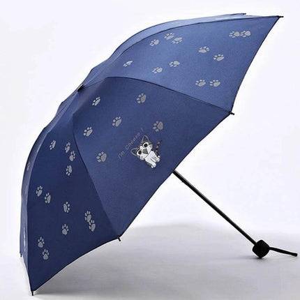 Children's Folding Umbrella with Cartoon Design and Sun Protection - Navy kids umbrella with paw prints and cat cartoon, UV sun protection