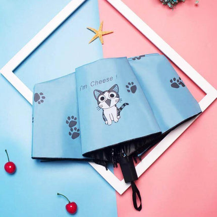 Children's Folding Umbrella with Cartoon Design and Sun Protection blue kids umbrella with cat print and paw marks for sun and rain protection