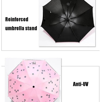 Children's Folding Umbrella with Cartoon Design and Sun Protection - Pink paw print kid's umbrella, UV protection and rain shelter