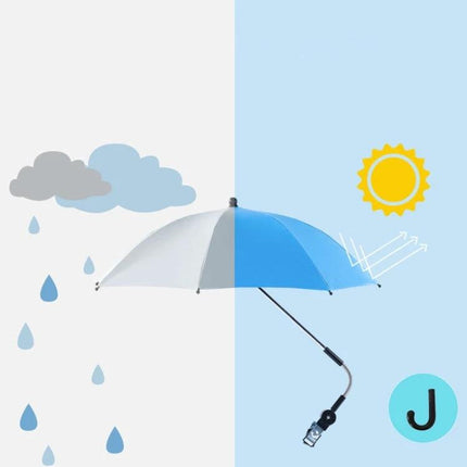 Universal Stroller Umbrella for Sun and Rain Protection, adjustable clip-on umbrella showing sun and rain illustration