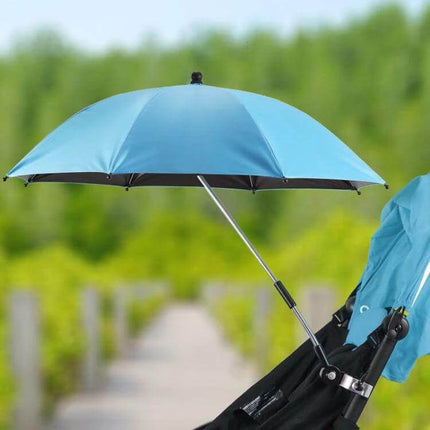 Universal Stroller Umbrella for Sun and Rain Protection attached to stroller, blue canopy blocking sun and rain
