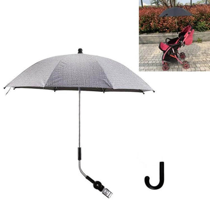 Universal Stroller Umbrella for Sun and Rain Protection - Gray clamp-on stroller umbrella with adjustable arm shielding child from sun and rain